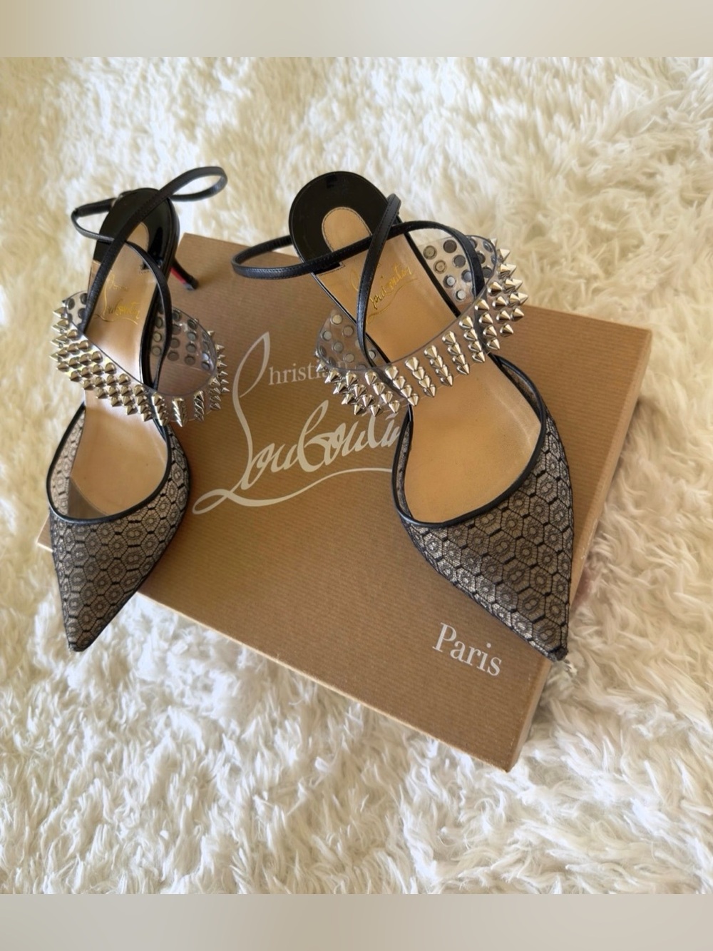 Christian Louboutin Black and Silver Pointed Toe Studded Ankle-Strap Heels
